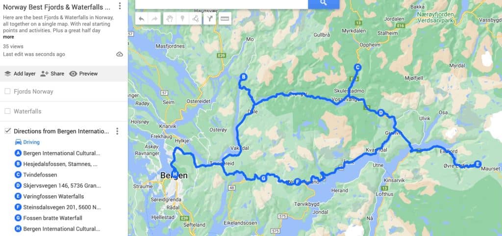 Map of waterfalls tour Bergen. 6 beautiful waterfalls, all within half a days trip