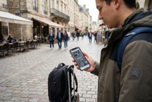 Boy showing the interactive map, while traveling the city with the help of e-sim provider