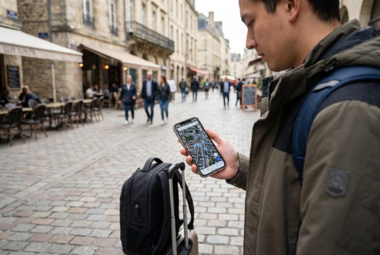 Boy showing the interactive map, while traveling the city with the help of e-sim provider